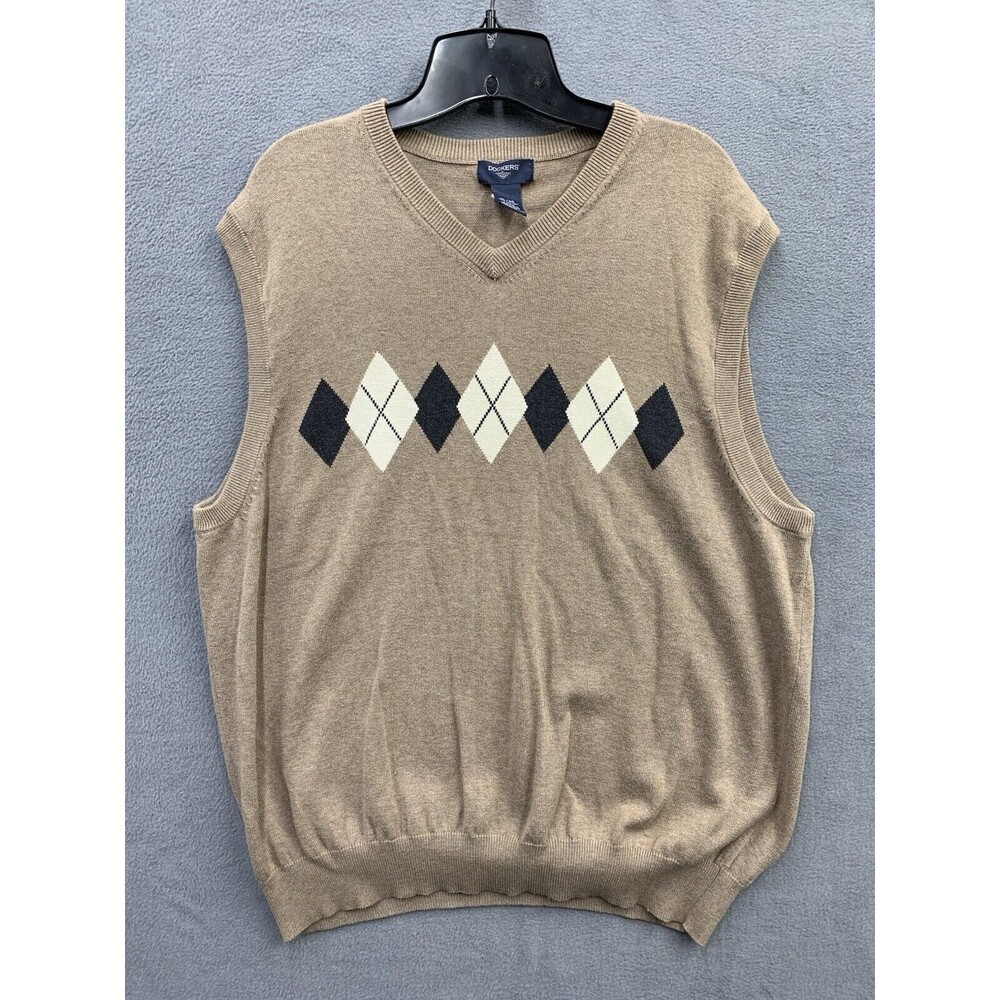 Dockers Sweater Vest Mens XL Beige Black Argyle V Neck 100% Cotton Sleeveless